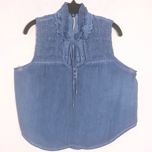 Free People Ruffle Me Up Tie Smocked Sleeveless Blouse Blue Women's Size S - Picture 2 of 9